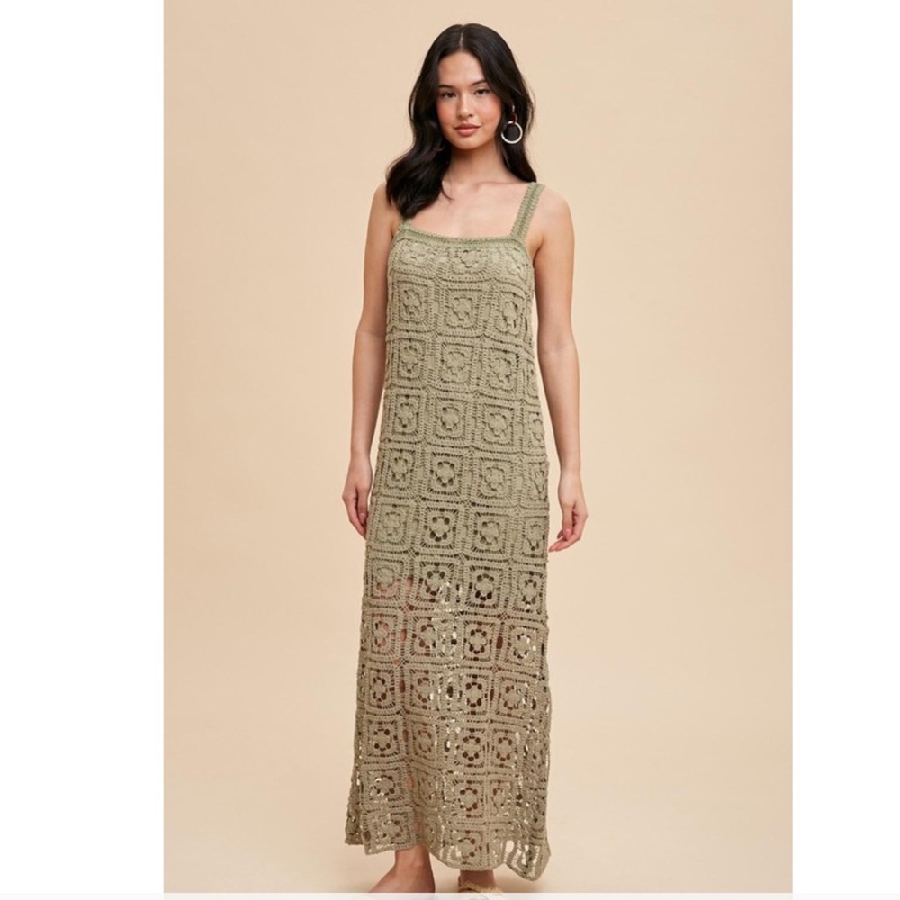 In Loom Cotton Boho Crochet Maxi Tank Dress in Olive nwt